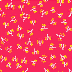Poster - Line Musical tuning fork for tuning musical instruments icon isolated seamless pattern on red background. Vector