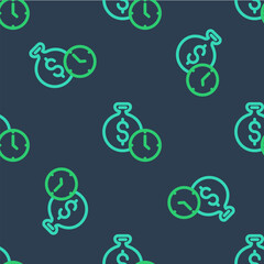 Poster - Line Time is money icon isolated seamless pattern on blue background. Money is time. Effective time management. Convert time to money. Vector