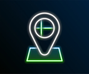 Poster - Glowing neon line Location marker with round flag nation of Iceland con isolated on black background. Colorful outline concept. Vector