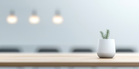 Poster - Contemporary dining room concept. Minimalist interior with a potted plant on a wooden table and soft lighting in the background.