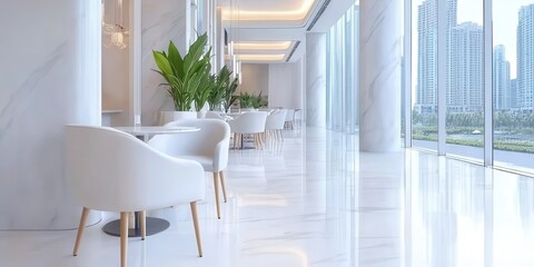 Poster - Contemporary dining room concept. Modern interior with elegant seating and large windows showcasing a city view.