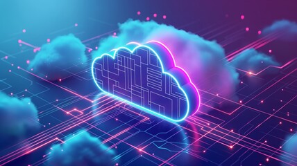 Poster - Cloud storage technology visually represented with neon effects and digital elements