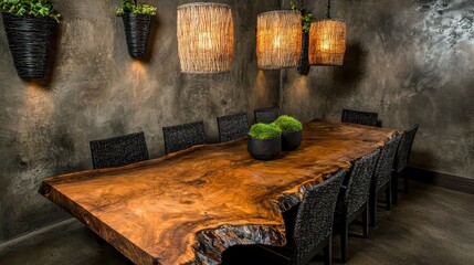 Poster - Contemporary dining room concept. Stylish dining room featuring a unique wooden table and modern lighting fixtures.