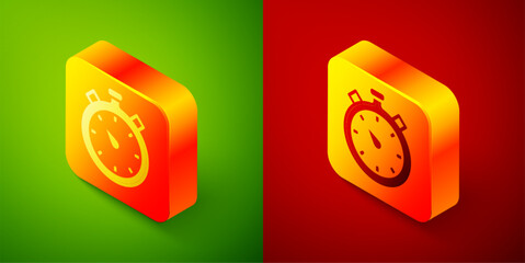 Poster - Isometric Stopwatch icon isolated on green and red background. Time timer sign. Chronometer sign. Square button. Vector