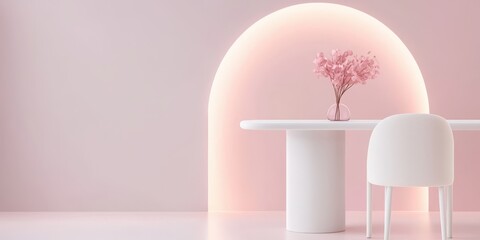 Poster - Contemporary dining room concept. Minimalistic interior featuring a white table, chair, and a decorative vase against a soft pink backdrop.