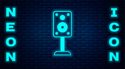 Poster - Glowing neon Stereo speaker icon isolated on brick wall background. Sound system speakers. Music icon. Musical column speaker bass equipment. Vector