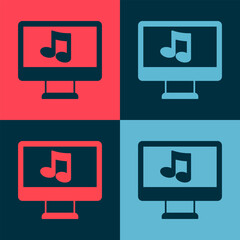 Poster - Pop art Computer with music note symbol on screen icon isolated on color background. Vector