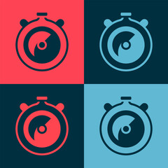 Poster - Pop art Stopwatch icon isolated on color background. Time timer sign. Chronometer sign. Vector