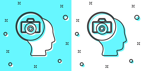 Poster - Black line Photo camera icon isolated on green and white background. Foto camera. Digital photography. Random dynamic shapes. Vector
