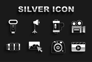 Poster - Set Photo retouching, Retro cinema camera, Movie clapper, Camera photo lens, film roll cartridge, flash and Studio light bulb softbox icon. Vector