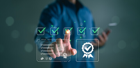 Aufkleber - quality assurance concept with man checking virtual checklist. digital quality control and service g
