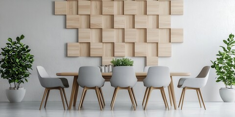 Poster - Contemporary dining room concept. Modern dining area with stylish chairs and a wooden wall decor, featuring plants for a fresh look.