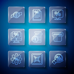 Poster - Set line Gear with percent, Safe, Discount tag, Coin money euro symbol, Percent discount and monitor, Financial growth dollar and Credit card icon. Vector