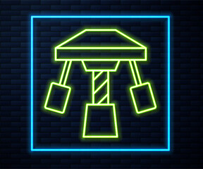 Poster - Glowing neon line Attraction carousel icon isolated on brick wall background. Amusement park. Childrens entertainment playground, recreation park. Vector
