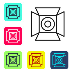 Poster - Black line Movie spotlight icon isolated on white background. Light Effect. Scene, Studio, Show. Set icons in color square buttons. Vector