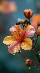 Poster - A bee delicately collects nectar from a colorful flower adorned with droplets of water in a lush garden. The atmosphere is calm, showcasing nature's beauty