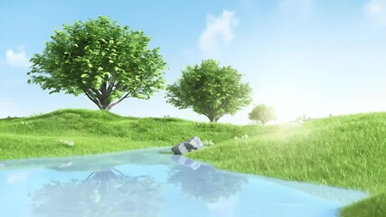 Aufkleber - 緑の丘と木のイラストレーションが輝く太陽の下に流れる川を描いた穏やかな風景