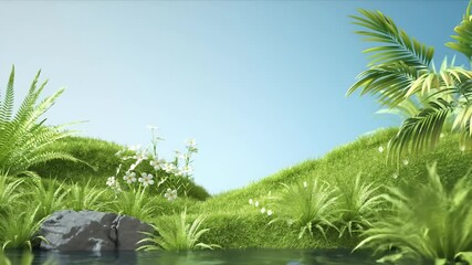 Poster - 青い空の下の緑豊かな牧草地と水辺の静かな風景 デイジーとヤシの木が背景にあり平和で穏やかなリラックスできる背景