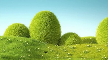 Aufkleber - 緑の芝生と低木の穏やかな風景 パステルブルーの空の下で柔らかな照明 庭と公園の背景に最適です