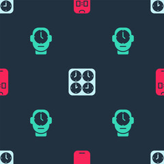 Poster - Set Alarm clock app mobile, Time zone clocks and Clock on seamless pattern. Vector