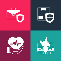 Poster - Set pop art Car accident, Life insurance, Delivery security with shield and Briefcase icon. Vector