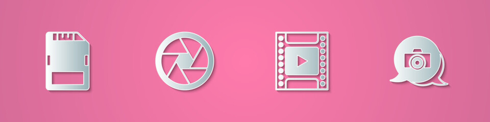 Poster - Set paper cut SD card, Camera shutter, film roll cartridge and Photo camera icon. Paper art style. Vector