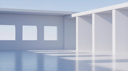 Fototapete - ミニマルな白の内部空間 明るい光と反射を持つ現代的な建築デザイン 空の背景に幾何学的な構造の3Dレンダリング