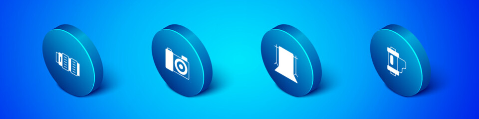 Poster - Set Isometric Camera photo lens, Empty studio, film roll cartridge and Photo camera icon. Vector