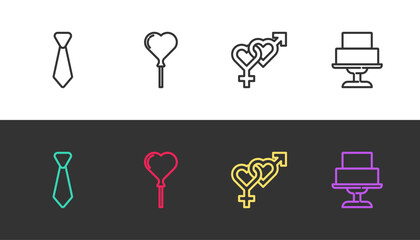 Poster - Set line Tie, Balloons in form of heart, Gender and Wedding cake on black and white. Vector