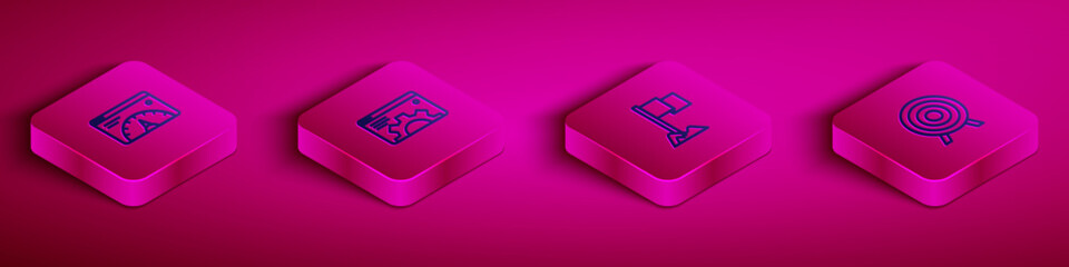 Fototapete - Set Isometric line Website statistic, Browser setting, Location marker and Target sport icon. Vector
