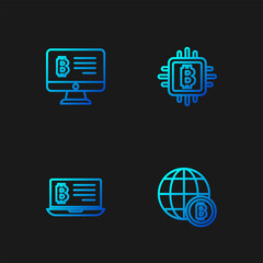 Poster - Set line Globe Bitcoin, Mining bitcoin from laptop, monitor and CPU mining farm. Gradient color icons. Vector