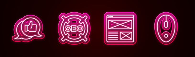 Fototapete - Set line Customer product rating, SEO optimization, Browser window and Computer mouse. Glowing neon icon. Vector
