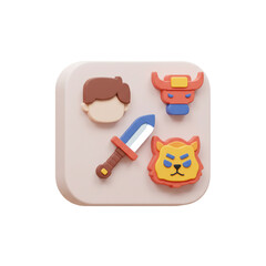 Leinwandbilder - 3D Illustration of Cute Game Icons Featuring a Sword, Head, Bull, and Lion
