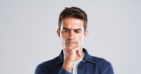 Aufkleber - Doubt, man and thinking of solution in studio for problem solving, wondering and fake news. Mockup space, person and contemplating with question, confused or uncertainty with frown on gray background