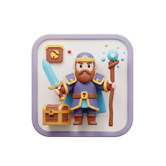Leinwandbilder - 3D Render of a Cartoon Wizard with Sword, Staff and Treasure Chest in a Square Frame
