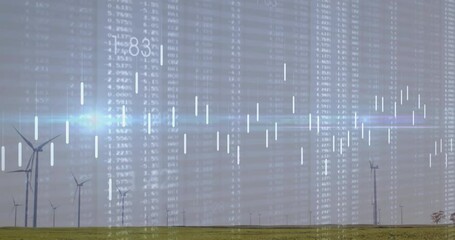 Poster - Fading in digital chart overlay on wind turbines, bars rising and falling showing energy trends