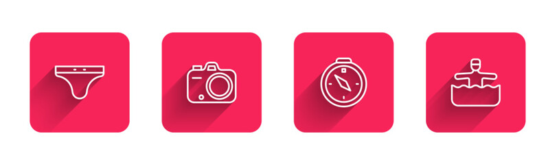 Poster - Set line Swimming trunks, Photo camera, Compass and Water gymnastics with long shadow. Red square button. Vector