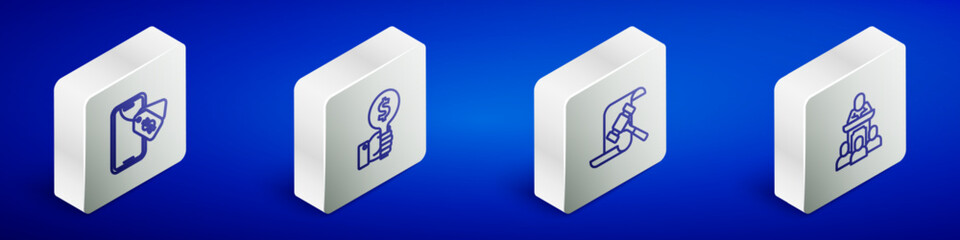 Poster - Set Isometric line Online auction, Hand holding paddle, Auction hammer and auctioneer sells icon. Vector