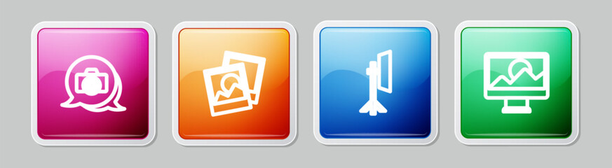 Poster - Set line Photo camera, frame, Studio light bulb in softbox and retouching. Colorful square button. Vector