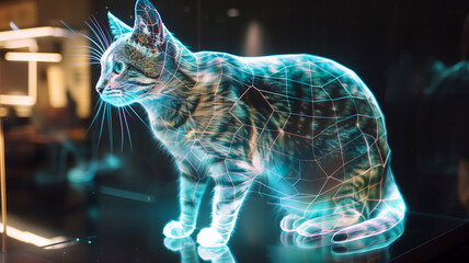 Poster - This glowing hologram of a digital cat projects in a futuristic space, showcasing a realistic design.