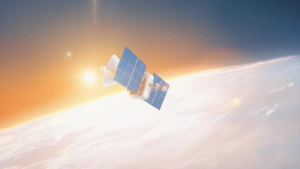 Poster - 地球の軌道上に浮かぶ青とオレンジ色の太陽光発電パネルを備えた通信衛星 宇宙探査と技術革新のコンセプトアート