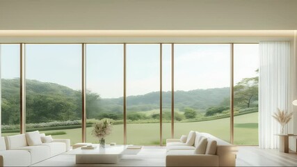 Aufkleber - ベージュのソファと大きな窓から見える緑豊かな風景が特徴の明るいリビングルームのインテリアデザイン