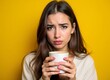 © Yauhen - Young Argentinian Woman Holding Cup of Coffee Isolated on Yellow Background with Sad Expression