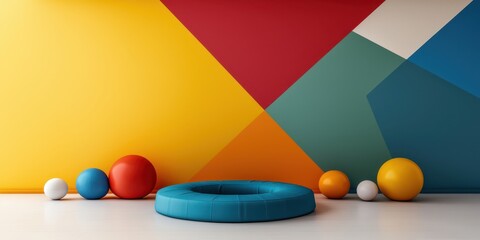 Aufkleber - Kids room interior concept. Vibrant geometric shapes and colorful balls in a modern interior setting.