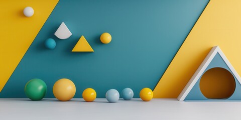 Aufkleber - Kids room interior concept. Colorful geometric shapes and spheres arranged against a vibrant wall backdrop.