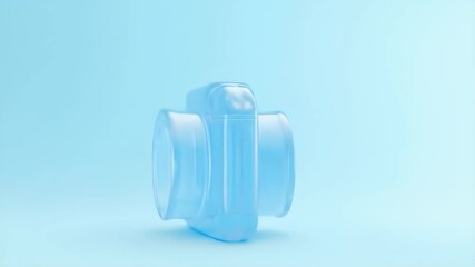 Poster - 薄い青色の背景に透明な青色のカメラ 3D レンダリングとクリーンなスタジオ照明によるミニマリストデザイン