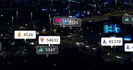 Poster - Nighttime highway starting notification icons rising and multiplying visualizing social engagement