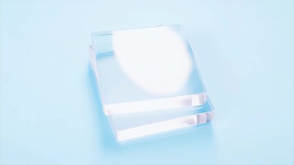Aufkleber - 淡い青色の背景に積み重ねられた正方形の透明アクリルブロック 抽象的な幾何学的デザイン 明るいスタジオ照明による素材のテクスチャ