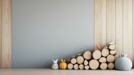 Poster - Kids room interior concept. Minimalist decor featuring wooden logs, decorative bunnies, and a simple color palette.