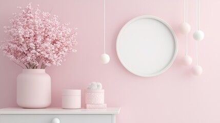 Poster - Kids room interior concept. Soft pink interior decor with flowers and minimalistic design elements.